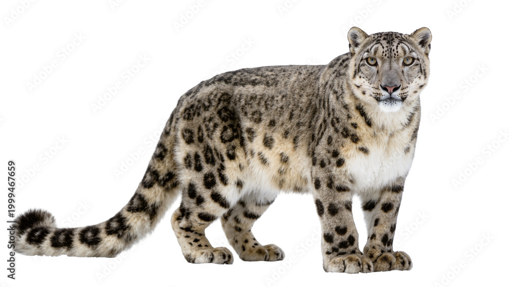 Fototapeta premium Spotted Snow Leopard Standing Alert with Furry Tail and Paws