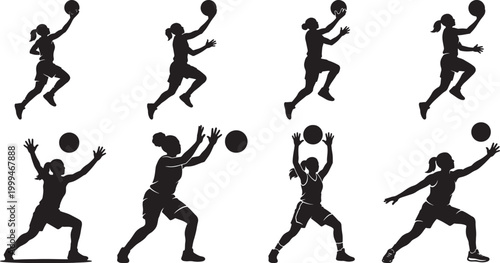 Set of vector silhouettes of women athletes in action including basketball players running jumping and kicking a ball during a competitive sports game team illustration