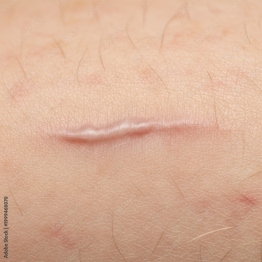 Fototapeta premium Detailed view of a mature surgical scar on human skin featuring realistic textures and pale tissue against a sterile white background medical healing concept