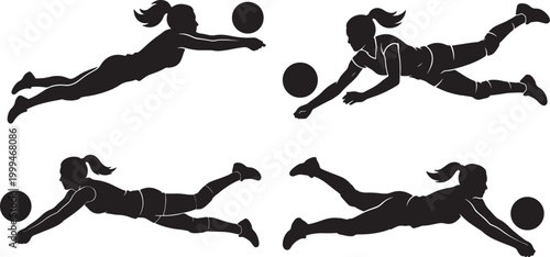 Set of black vector silhouettes featuring women athletes performing in basketball game and fitness exercises 