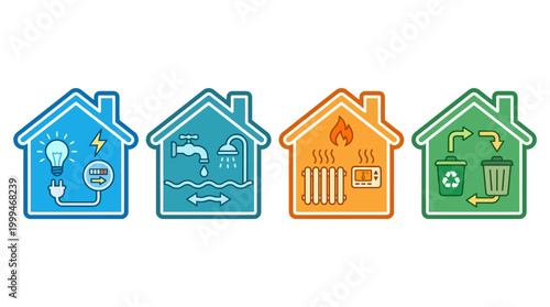 Set of four house icons representing sustainable energy water heating and recycling.