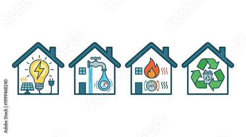 Set of four house icons illustrating home utility and sustainable living concepts.