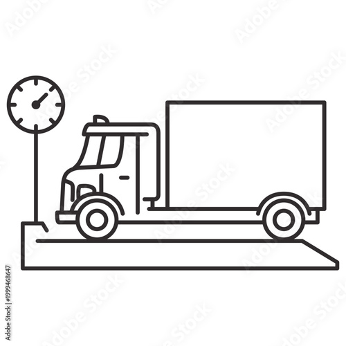 Weigh station with truck.Weighing the car.Truck weight line icon.Vehicle weighing.Outline vector. Isolated on white background.