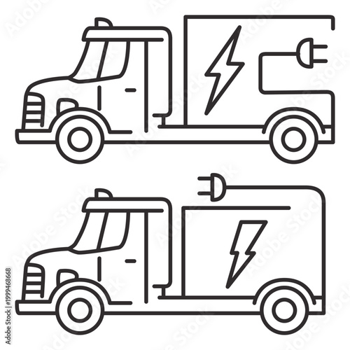 Eco power.Green energy.Mobile filling station.Eco power vehicle transport.Outline vector.Electric plug in truck icon.