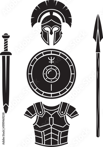 Black Spartan Warrior Armor Silhouette Set with Corinthian Helmet Ancient Greek Soldier Equipment Including Gladius Sword Round Shield Hoplite Spear and Chestplate Body Armor for Tactical Combat and H
