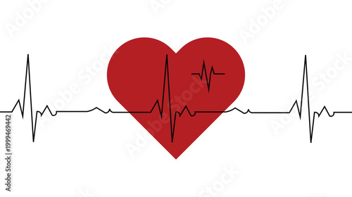 Red heart with ECG heartbeat line icon representing love. pulse line running through and across the design. Modern vector illustration featuring a bold red heart. Vector illustration 