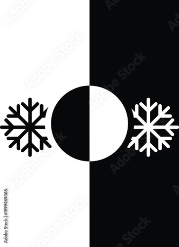 "Black and white symmetrical snowflake design with mirrored circle contrast, yin‑yang inspired geometric artwork emphasizing duality and balance"