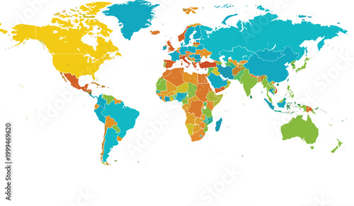 World Map Vector Illustration with Color Coded Countries for Geographical Regions and Continents Represented in Different Shades for Educational and Travel Use.