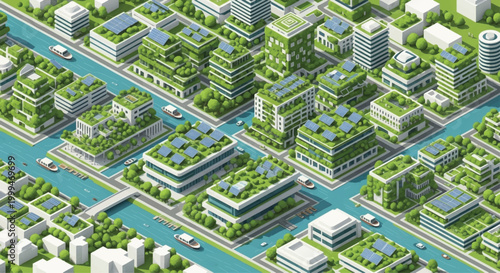Isometric cityscape, green urban planning, sustainable architecture, vector illustration