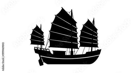 Vector silhouette of traditional Asian sailing junk with multiple sails, maritime cultural heritage art