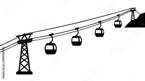 Vector silhouette of cable car gondola with overhead support, mountain transport travel art