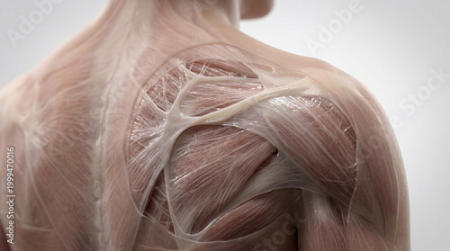 Delicate veil revealing the intricate human shoulder and upper back muscles with their embracing connective tissues, a study in vital anatomy