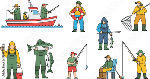 Fishing Activities Character Set Vector Illustration with Fishermen Boat Catching Fish Equipment Outdoor Hobby Collection for Angling Lifestyle and Marine Work Scenes.