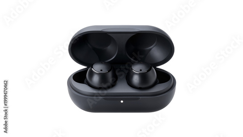 Black wireless earbuds with charging case, isolated on transparent background