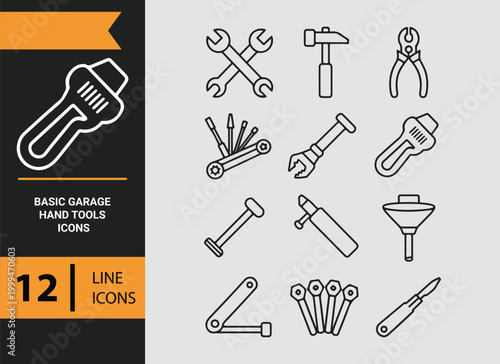 Basic Garage Hand Tools Outline Icons for Repair Projects