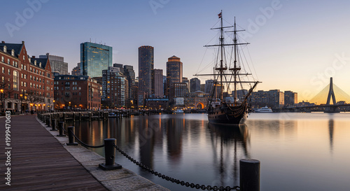Boston Skyline at Dawn with Tall Ship and Bridge.