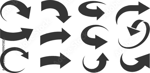 Fotografie Bold black curved ribbon and swoop arrows pointing in different directions graphic design collection art vector illustration