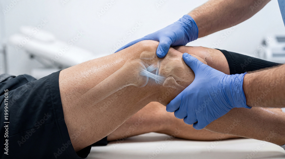 Obraz premium Healing touch exploring the intricate knee joint anatomy in a sterile clinical setting for optimal patient care