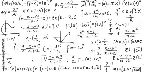 Complex handwritten mathematical formulas equations and geometry charts on white background educational study concept vector illustration art.