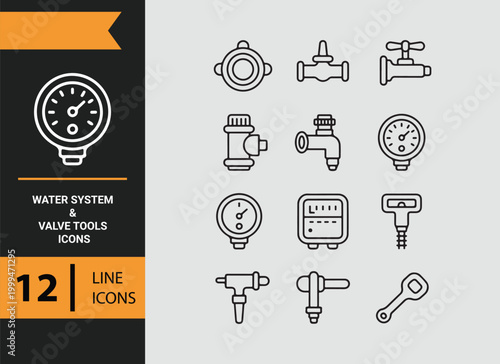 Water System Valve Tools Outline Icons for Plumbing Solutions