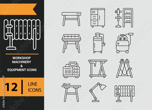 Workshop Machinery Equipment Outline Icons for Industrial Use
