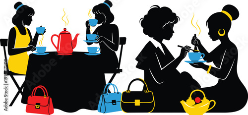 Vector Illustration of Silhouettes of Women Enjoying Tea Time with Colorful Tea Sets, Handbags, and Vibrant Accessories for Socializing, Friendship, and Café Designs