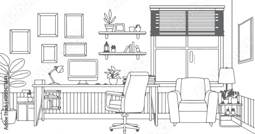 Black and white line of a cozy living room with furniture, plants, and a fireplace line living room couch