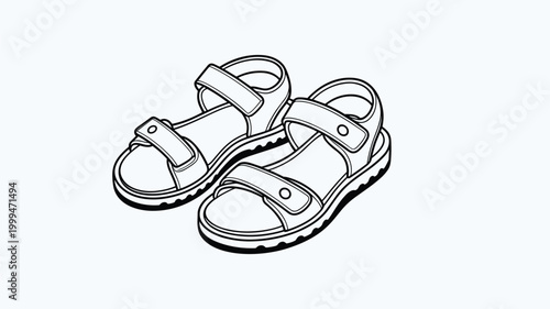 Pair of children's sandals vector line art illustration in black and white style on light background.