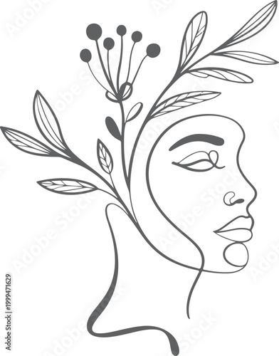 Black and white line of a woman with flowers in her hair and a floral vine line woman portrait