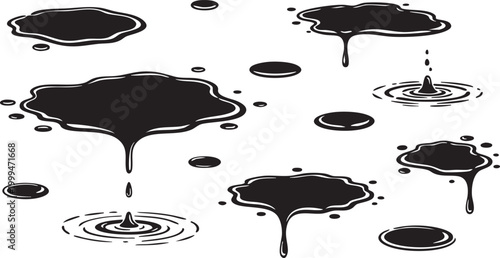Black ink splatters and dripping effects with water ripples