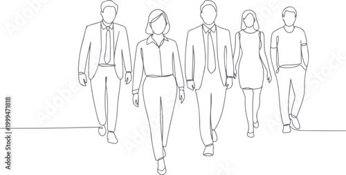 Black and white line of five people standing in a row, business attire, holding papers line five people