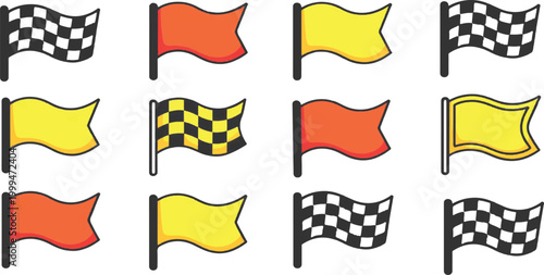 Set of cute cartoons blowing pennant flags in yellow, red and green colors flat art vector illustration.
