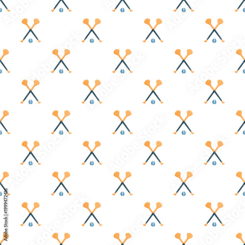 Hurling sticks and sliotar forming a repeating pattern on white background