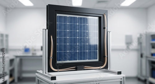 Solar panel prototype with integrated cooling liquid pipes for renewable energy efficiency research.