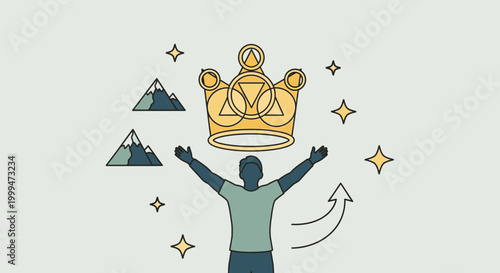 Man holds crown above head with mountains and sparkles around
