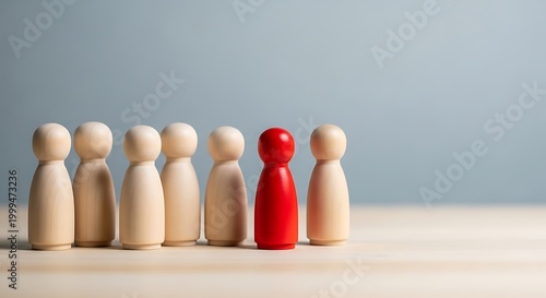 A red wooden figure standing out from a group of light wooden figures on a table
