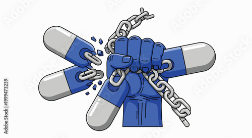 A blue fist breaking free from chains on wrists and ankles with a bold graphic illustration style on a white background.