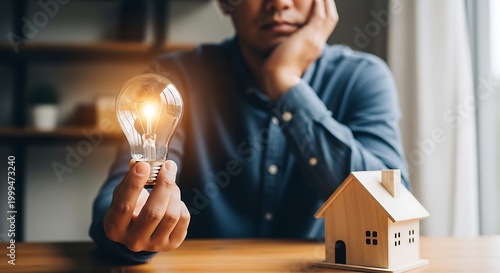 Man sitting at a table with a house and a glowing light bulb in his hand