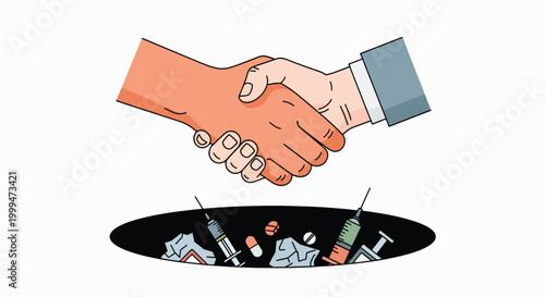 Illustration of two hands shaking over a black hole filled with trash and syringes on a white background.