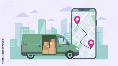 Delivery Van with Mobile Navigation App for Online Logistics and E-commerce
