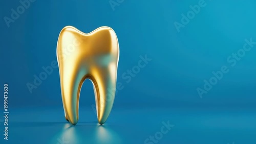 Shiny golden molar on teal surface. Dental treatment and oral hygiene concept. Tooth restoration, replacement, prosthetics for healthy smile and aesthetic dentistry