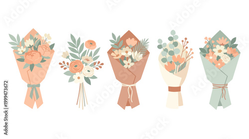 Hand Drawn Flower Bouquet Set with Tulips and Daisies Pastel