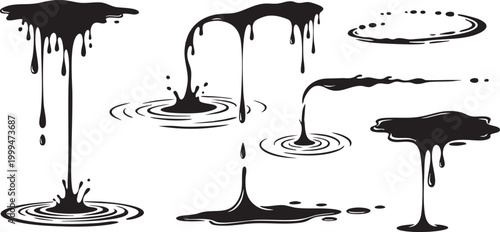 Black dripping liquid splatter and puddle vector illustration