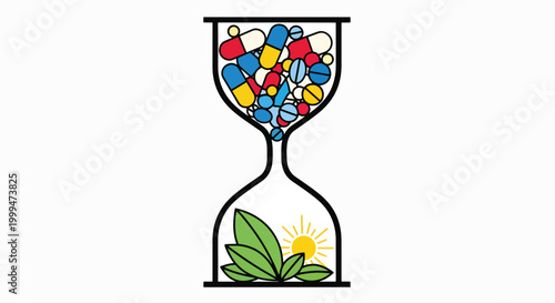 Illustration of an hourglass with colorful objects in the top half and a green plant growing in the bottom half on a white background.