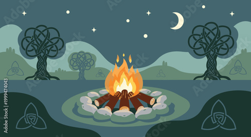 People gather around a burning campfire on a dark night outdoors under stars.