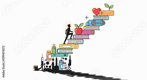 Illustration of a person climbing up a stack of colorful books with various objects on top against a white background.