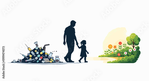 Silhouette of a man and child walking hand in hand from pollution to a serene natural landscape with flowers and trees.