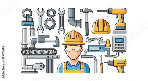 Celebrating International Workers' Day, an illustration presents a worker in a hardhat surrounded by labor tools like wrenches, drills, and pipes against a clean white background in a flat