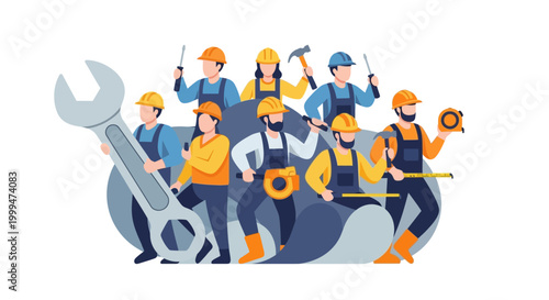 Celebrating International Workers’ Day, a diverse group of laborers is depicted in a flat vector illustration against a clean white background, each holding tools, embodying the spirit