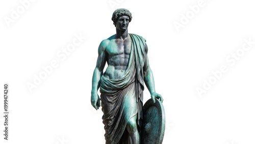 Fotografía Ancient Greek bronze statue of a muscular warrior holding a shield, isolated on